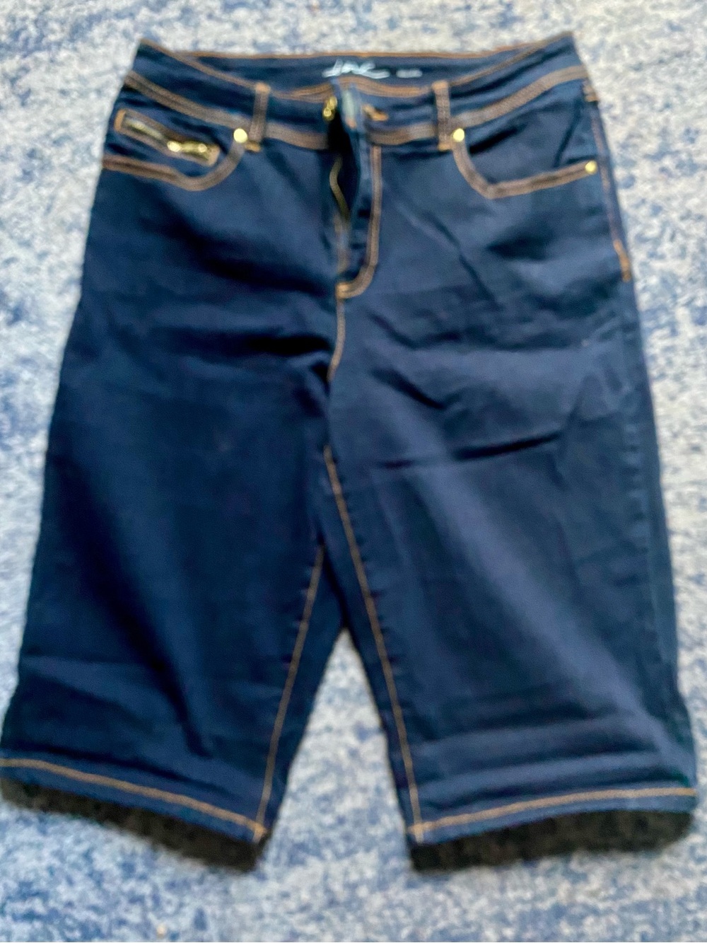 INC International Concepts Navy Blue Denim Shorts with Gold Stitching